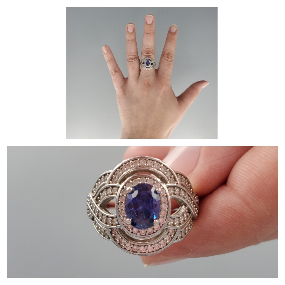 Blue and White CZ Sparkle Silvertone Ring